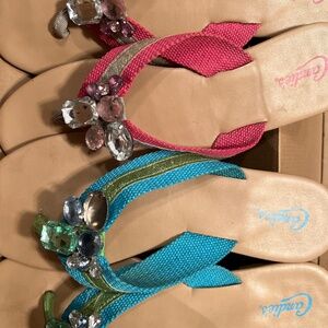 Two pairs of Candie’s diamond flip flops pink and teal size 10